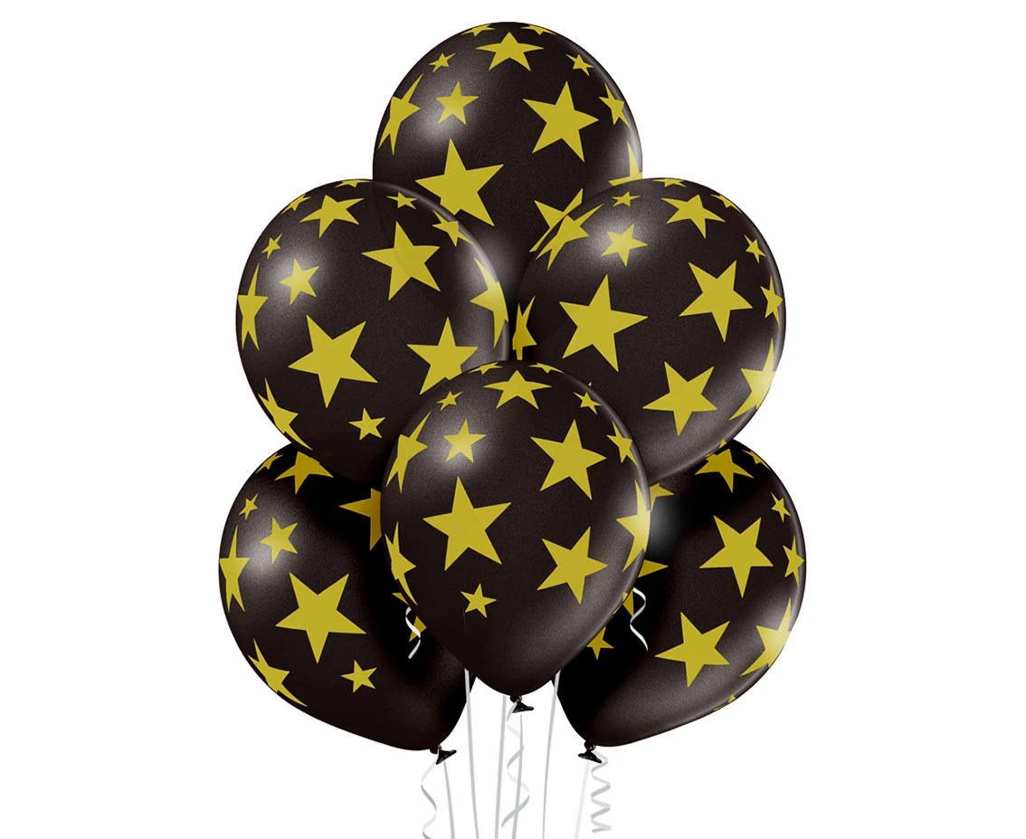 Balony Belbal 12", D11, złote gwiazdki czarny balon, 6szt. KK