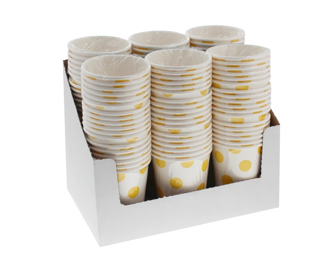 Kubeczki pap. białe, groszki żółte, certyfikat FSC, 250 ml, 6 szt.
