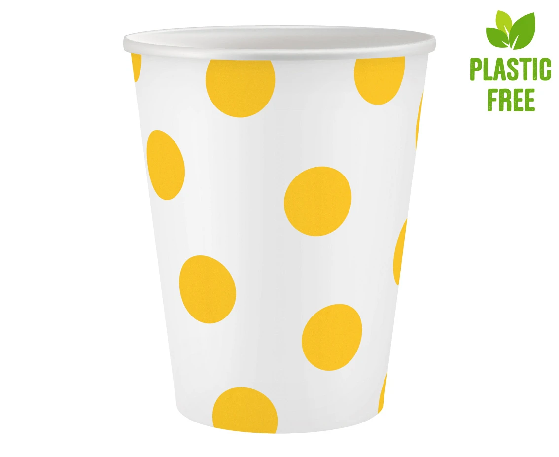 Kubeczki pap. białe, groszki żółte, certyfikat FSC, 250 ml, 6 szt.