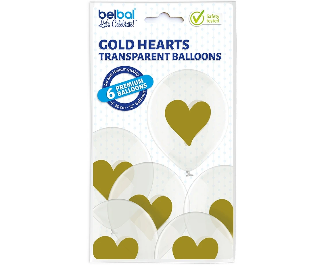 Balony Belbal 12", D11, złote serduszka, 6szt.