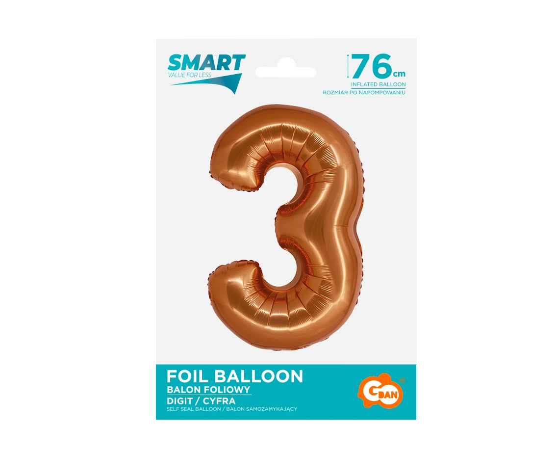 Balon foliowy Smart, Cyfra 3, miedziana, 76 cm KK