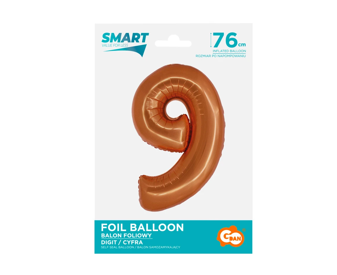 Balon foliowy Smart, Cyfra 9, miedziana, 76 cm KK