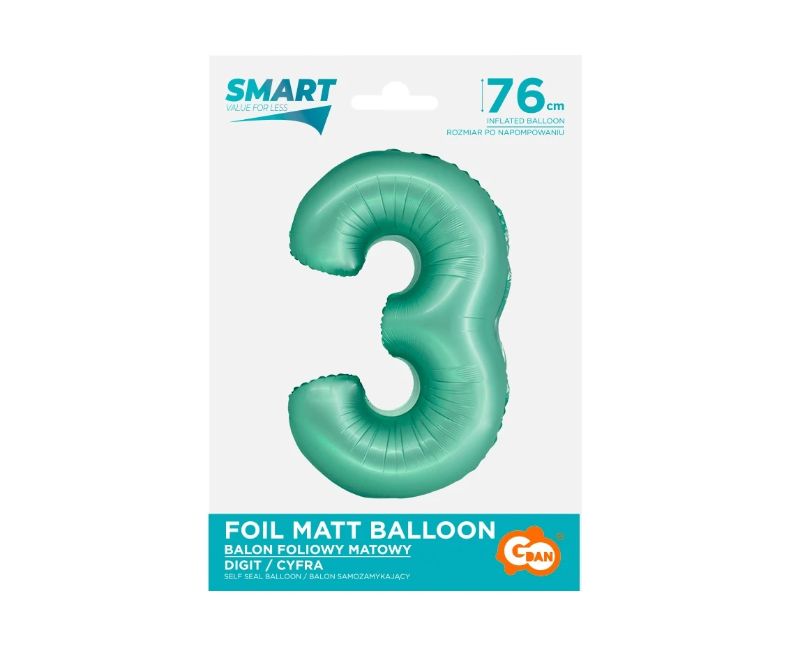 Balon foliowy Smart, Cyfra 3, miętowa matowa, 76 cm KK