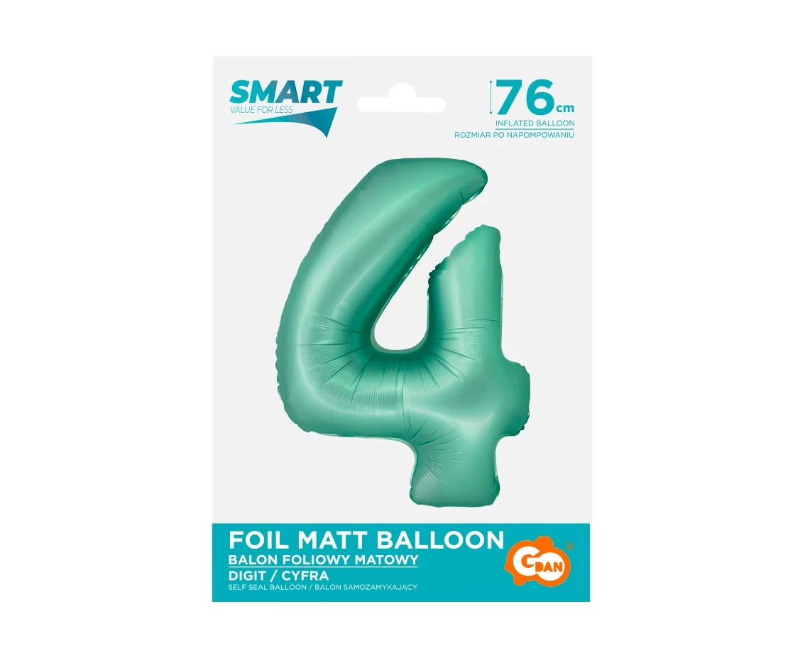 Balon foliowy Smart, Cyfra 4, miętowa matowa, 76 cm KK