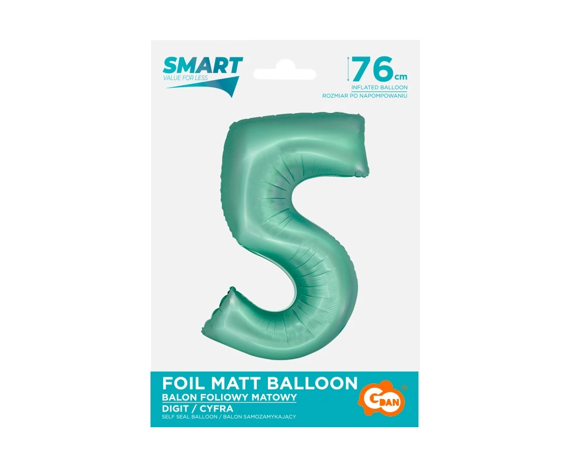 Balon foliowy Smart, Cyfra 5, miętowa matowa, 76 cm KK