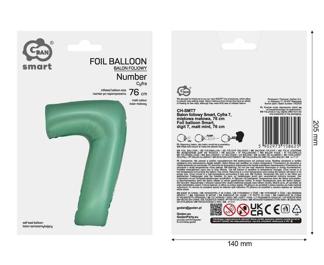 Balon foliowy Smart, Cyfra 7, miętowa matowa, 76 cm KK