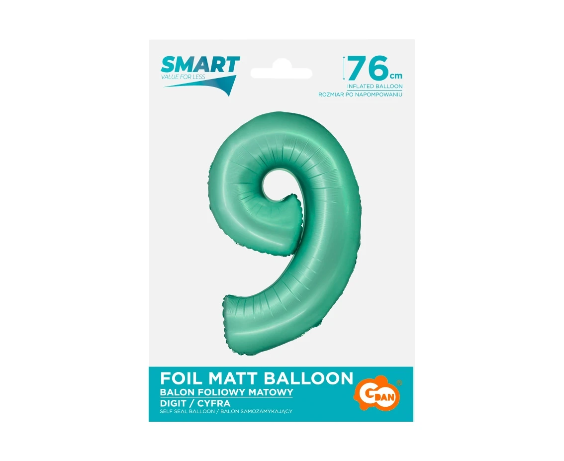 Balon foliowy Smart, Cyfra 9, miętowa matowa, 76 cm KK