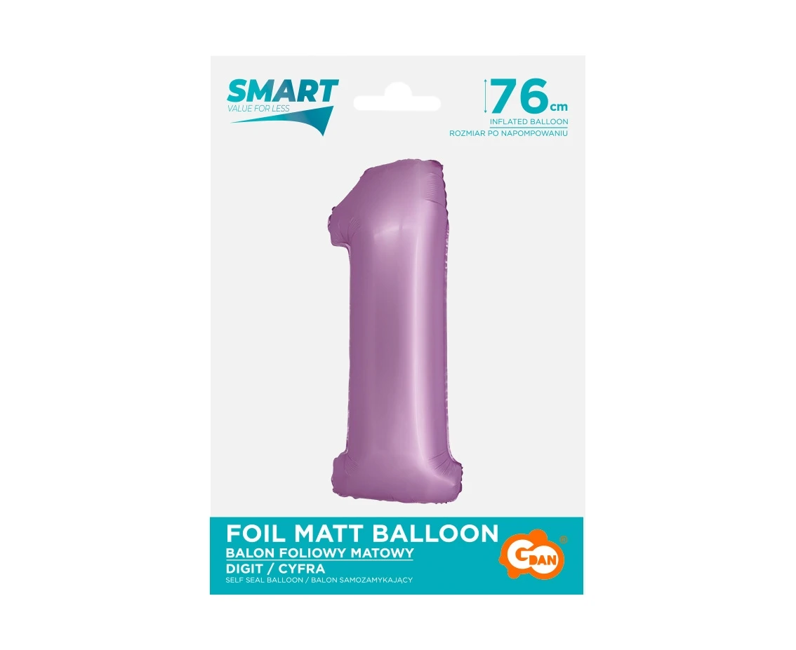 Balon foliowy Smart, Cyfra 1, lawendowa matowa, 76 cm KK