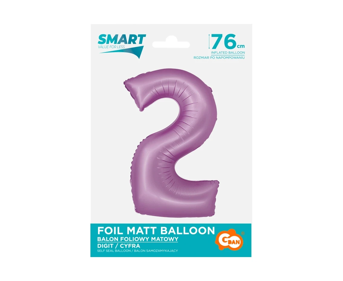 Balon foliowy Smart, Cyfra 2, lawendowa matowa, 76 cm KK