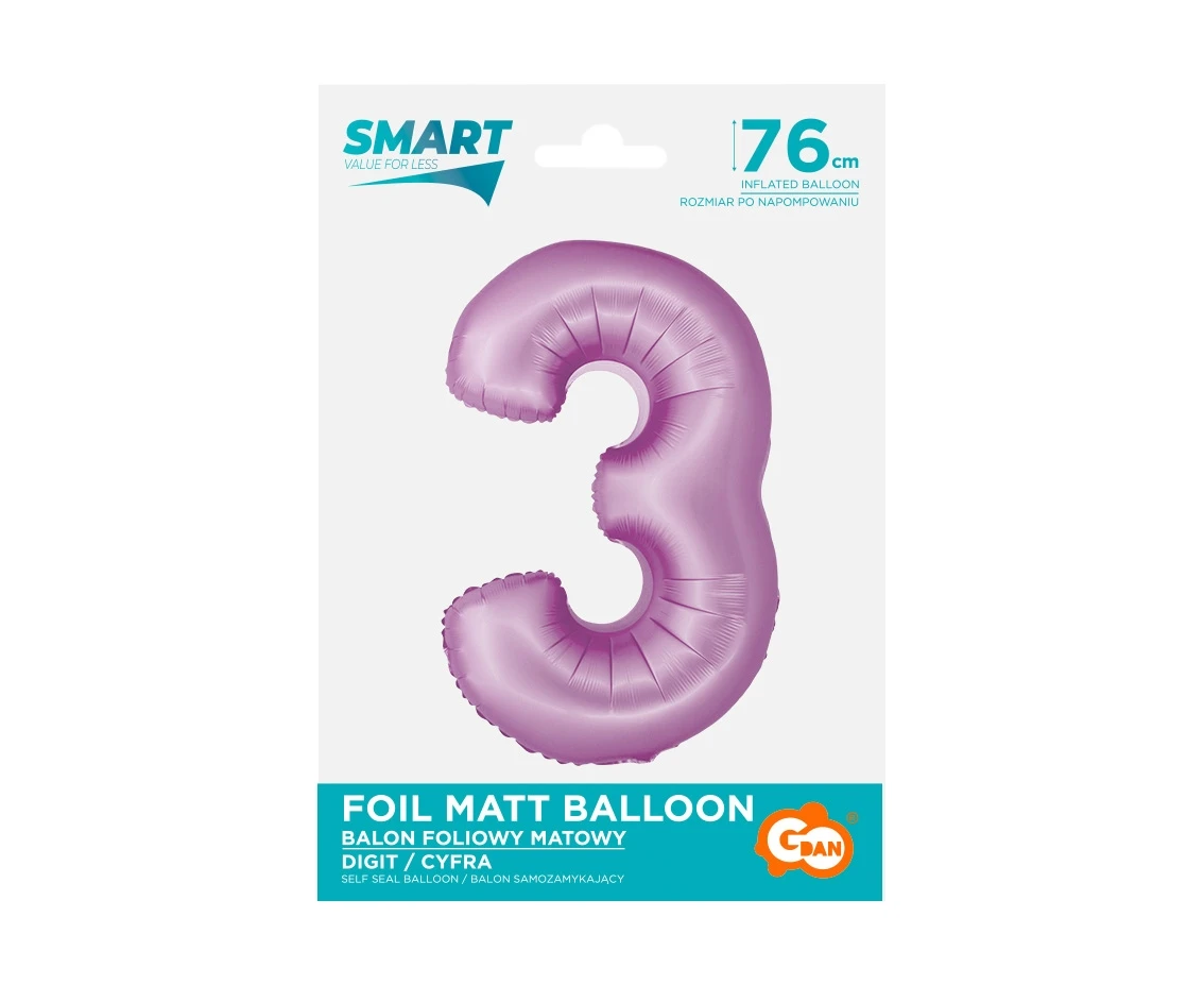 Balon foliowy Smart, Cyfra 3, lawendowa matowa, 76 cm KK