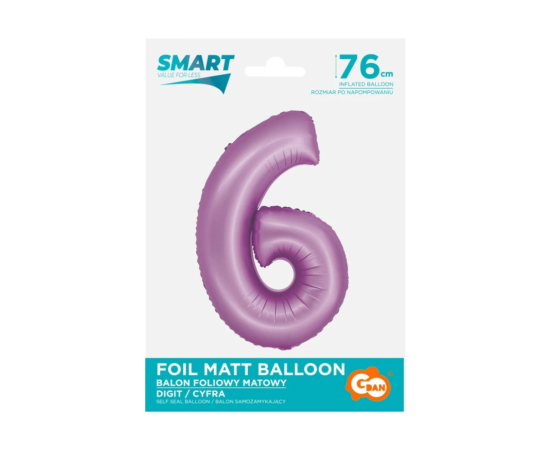 Balon foliowy Smart, Cyfra 6, lawendowa matowa, 76 cm KK