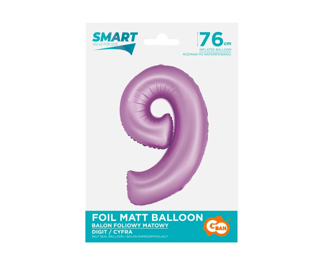 Balon foliowy Smart, Cyfra 9, lawendowa matowa, 76 cm KK