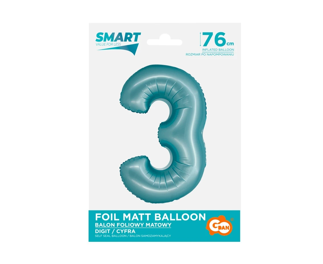 Balon foliowy Smart, Cyfra 3, j. niebieska matowa, 76 cm KK
