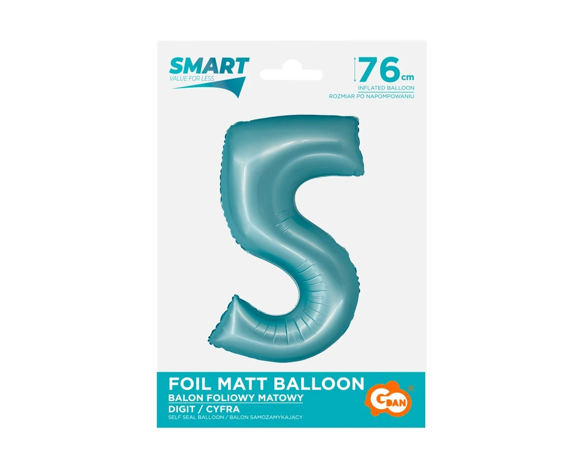 Balon foliowy Smart, Cyfra 5, j. niebieska matowa, 76 cm KK