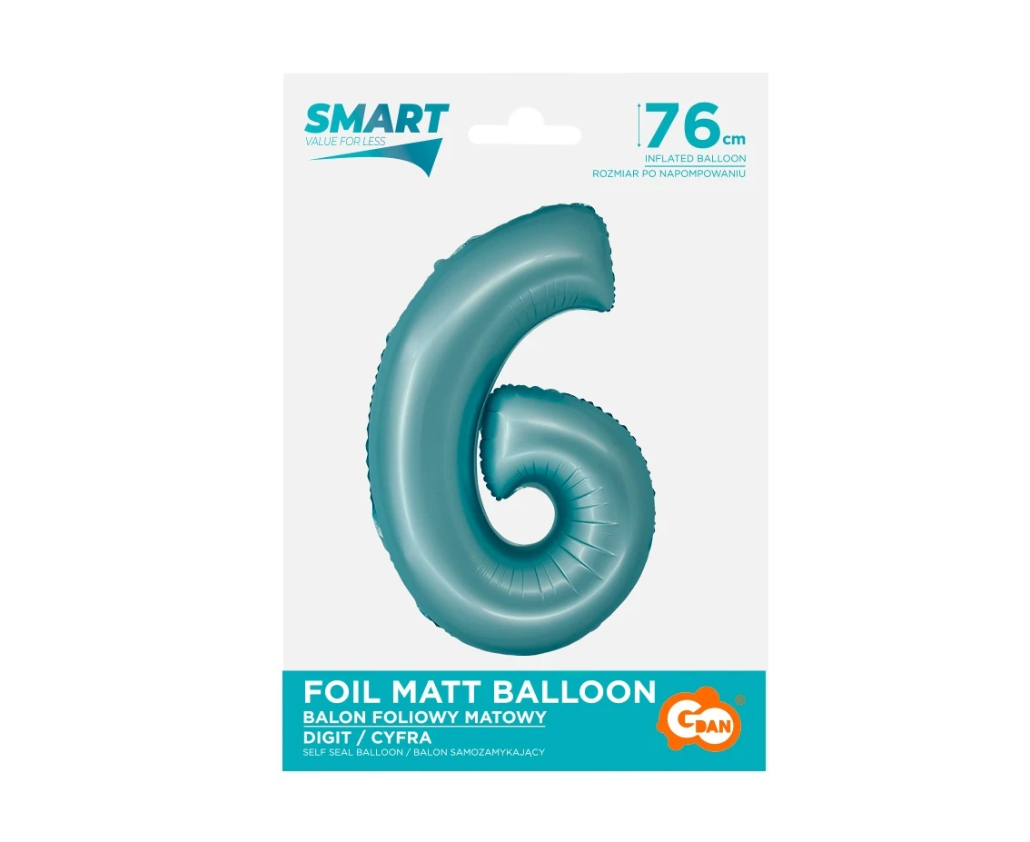 Balon foliowy Smart, Cyfra 6, j. niebieska matowa, 76 cm KK