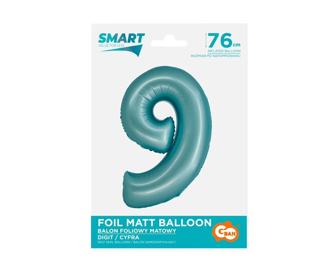 Balon foliowy Smart, Cyfra 9, j. niebieska matowa, 76 cm KK
