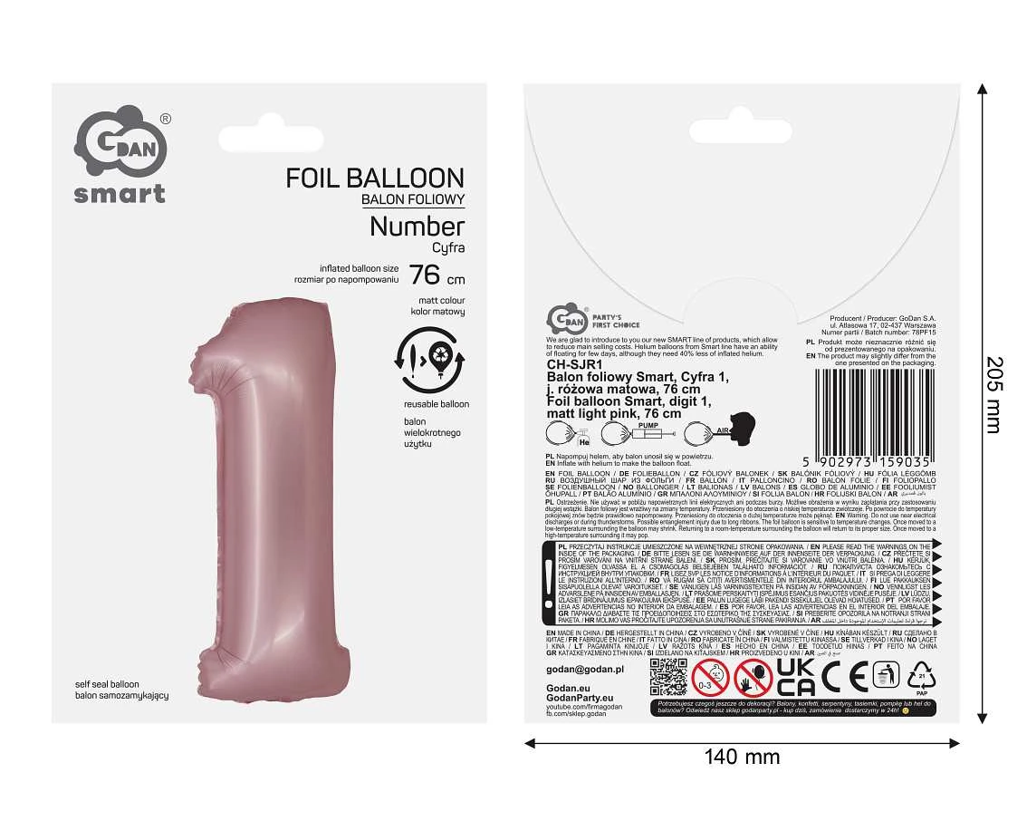 Balon foliowy Smart, Cyfra 1, j. różowa matowa, 76 cm