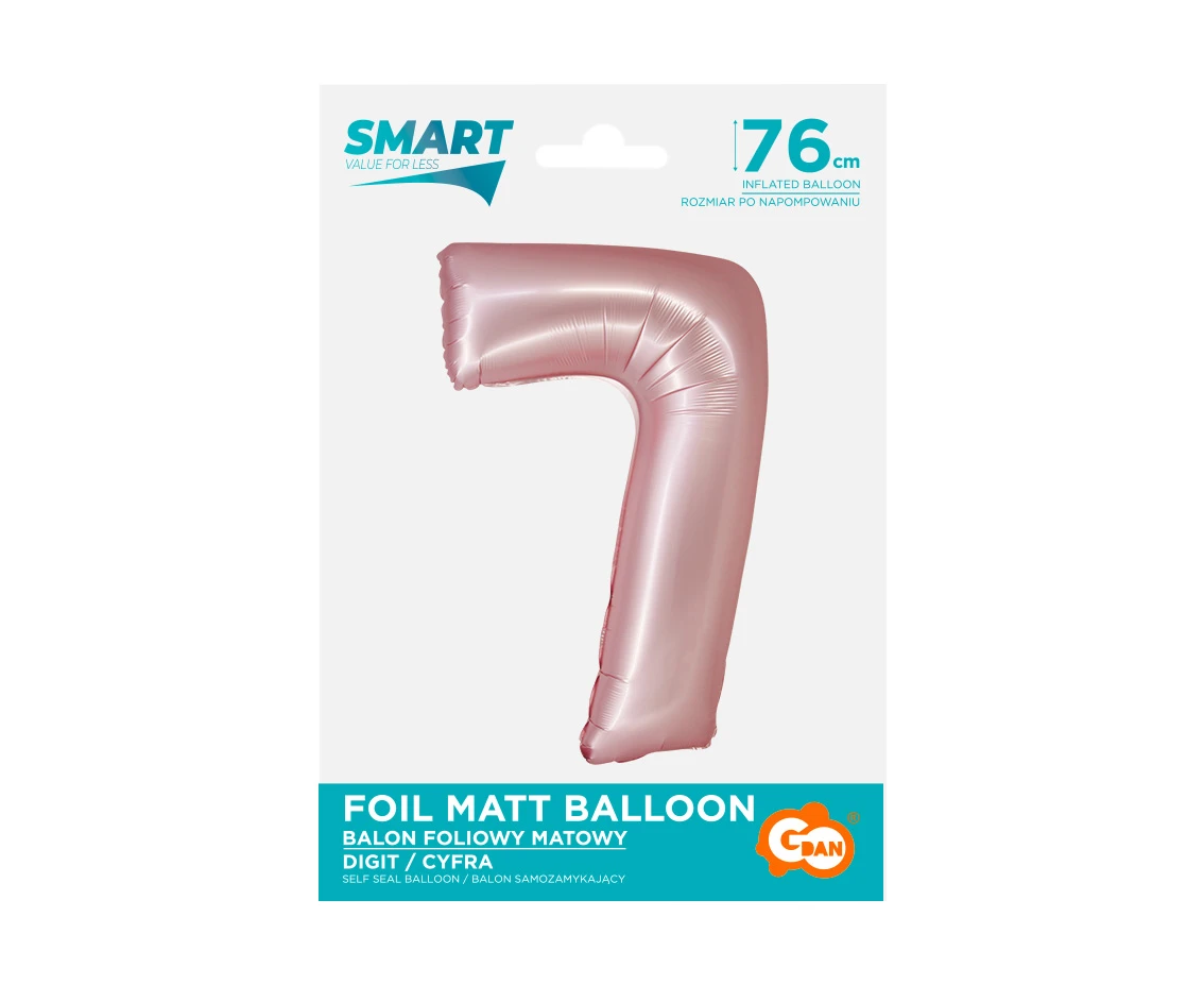 Balon foliowy Smart, Cyfra 7, j. różowa matowa, 76 cm