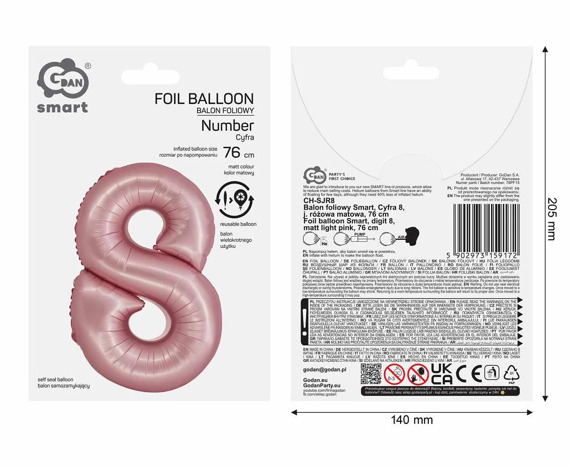 Balon foliowy Smart, Cyfra 8, j. różowa matowa, 76 cm