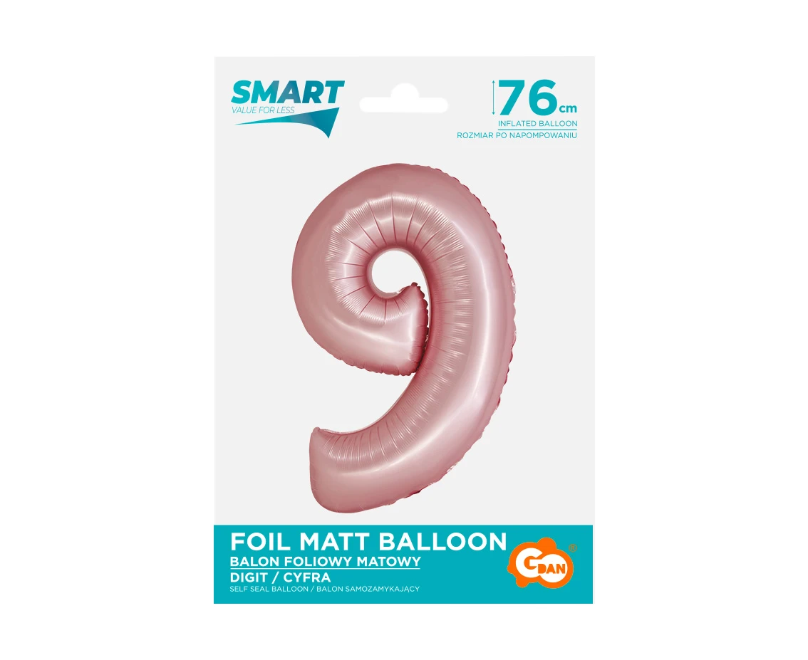 Balon foliowy Smart, Cyfra 9, j. różowa matowa, 76 cm