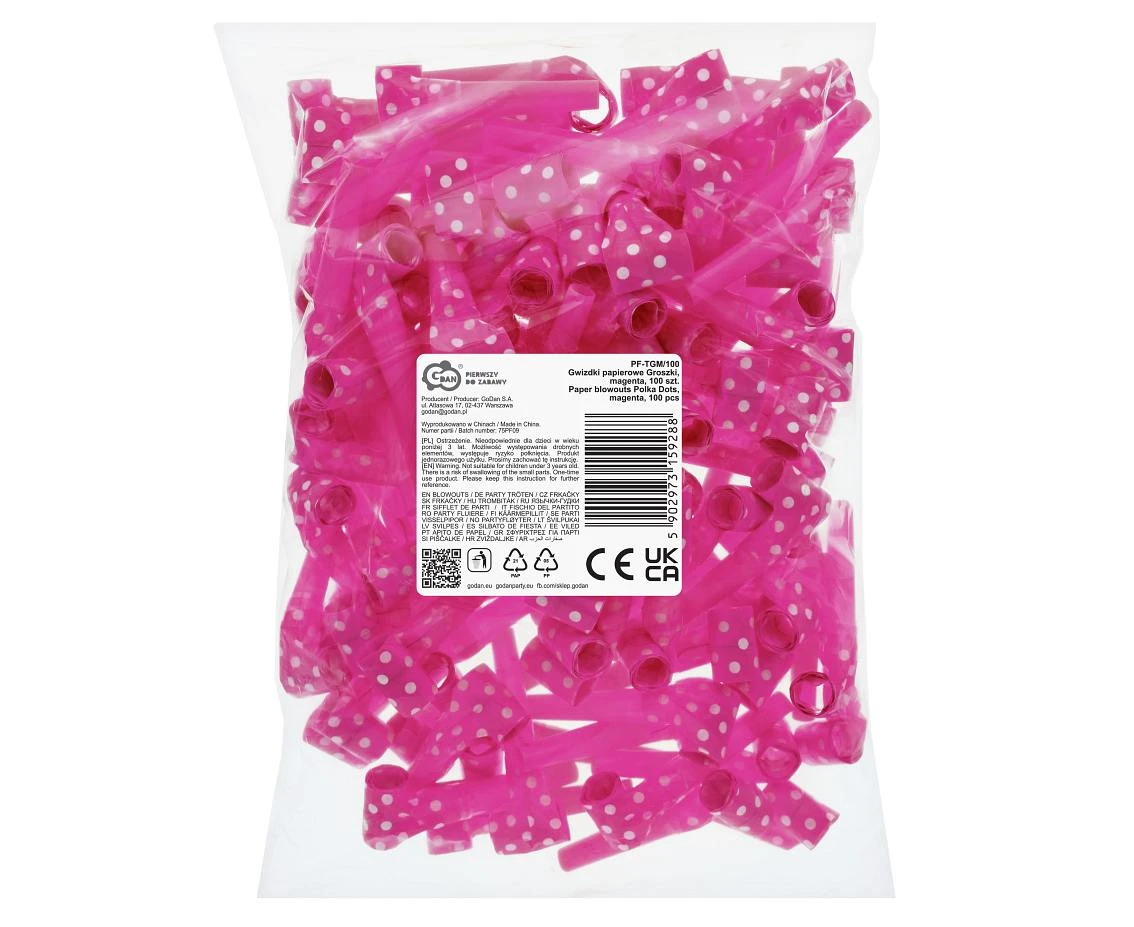 Gwizdki papierowe Groszki, magenta, 100 szt.