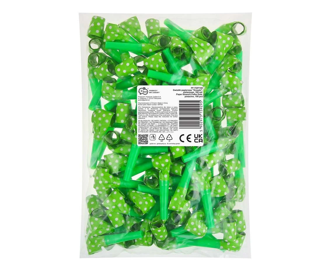 Gwizdki papierowe Groszki, pistacjowe, 100 szt.