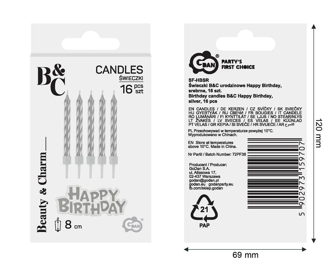 Świeczki B&C urodzinowe Happy Birthday, srebrne, 16 szt.