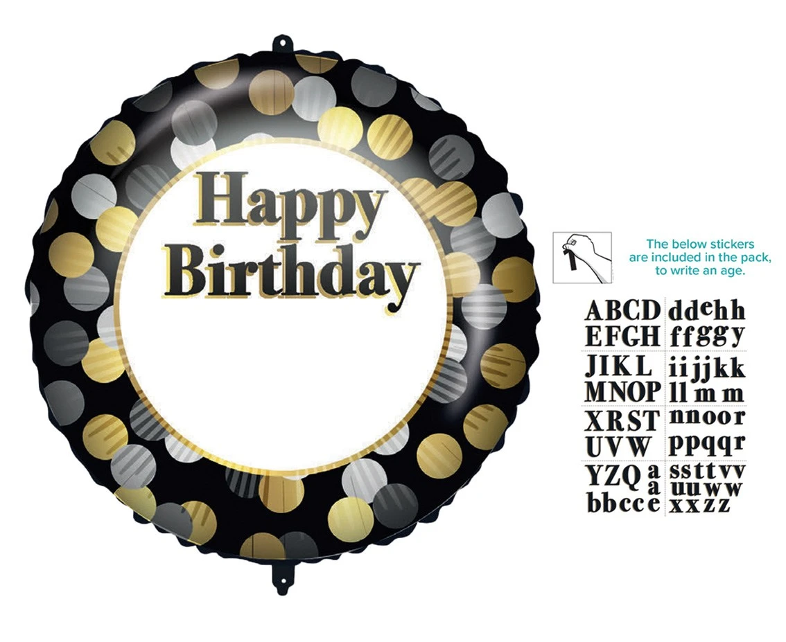 Balon foliowy 18" "Happy Birthday" - złoto-srebrne grochy
