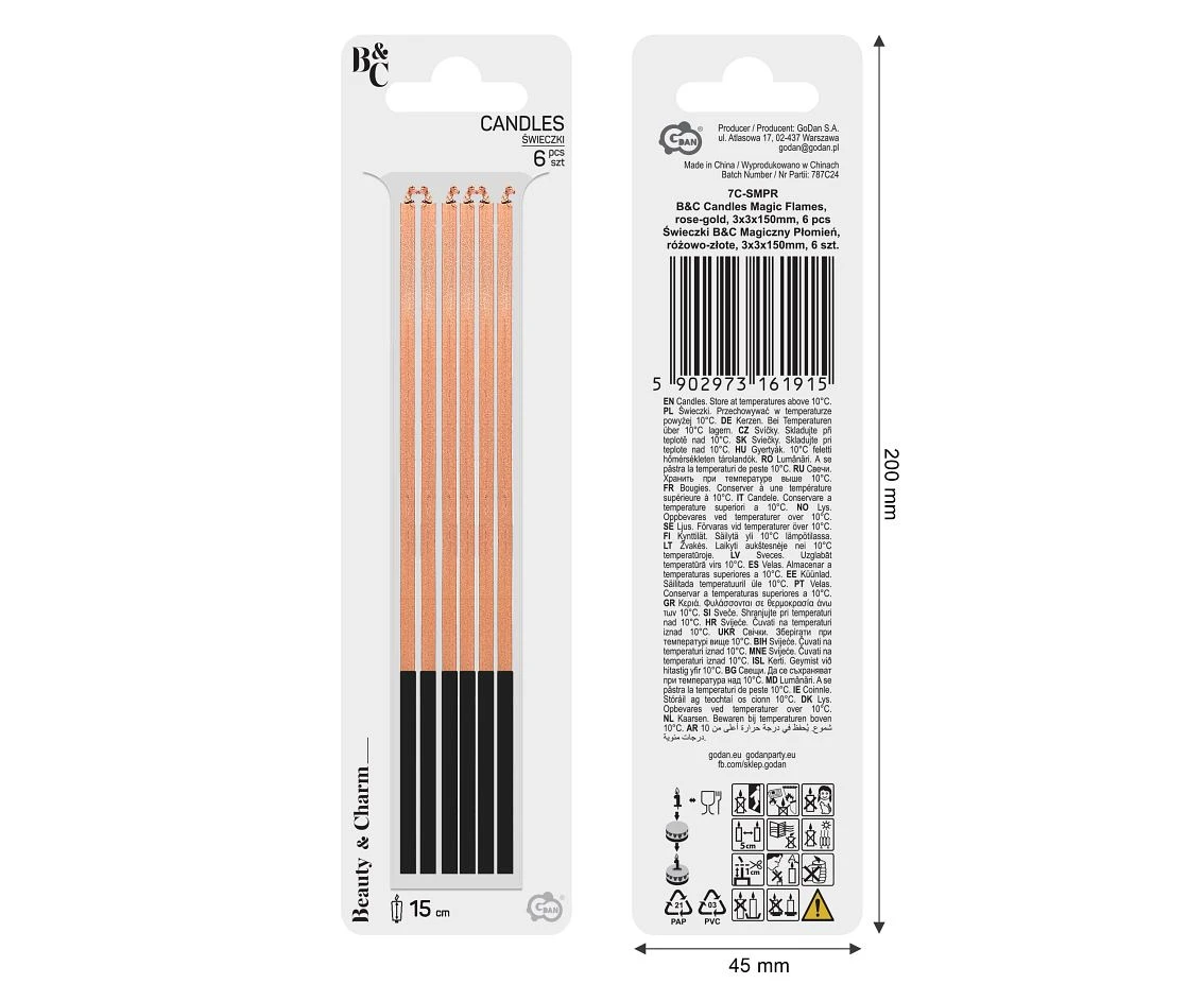 Świeczki B&C Magiczny Płomień, różowo-złote, 3x3x150mm, 6 szt.