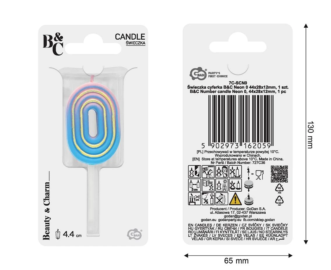 Świeczka cyferka B&C Neon 0, dł. całkowita 8 cm