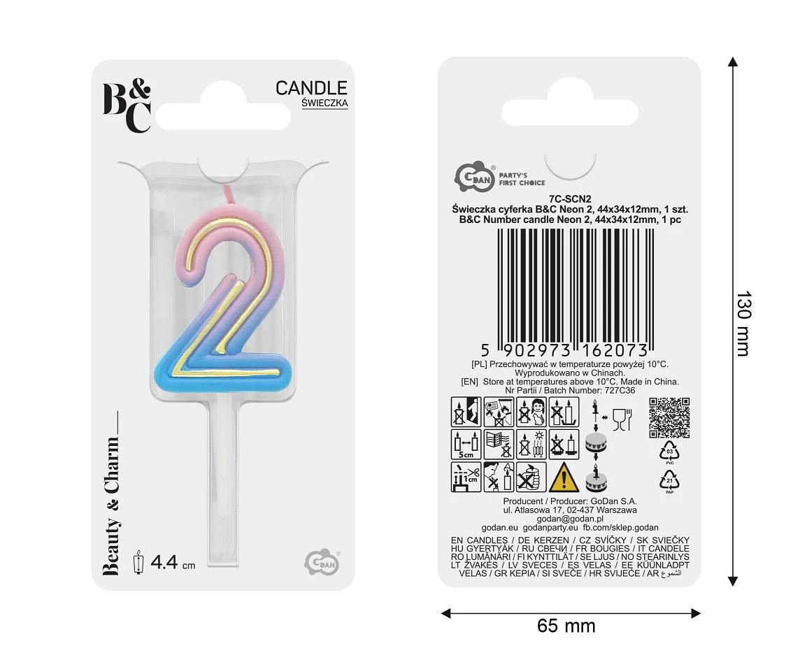 Świeczka cyferka B&C Neon 2, dł. całkowita 8 cm