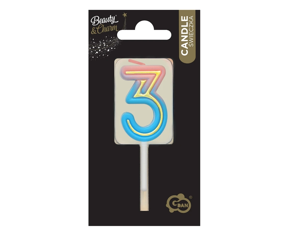 Świeczka cyferka B&C Neon 3, dł. całkowita 8 cm