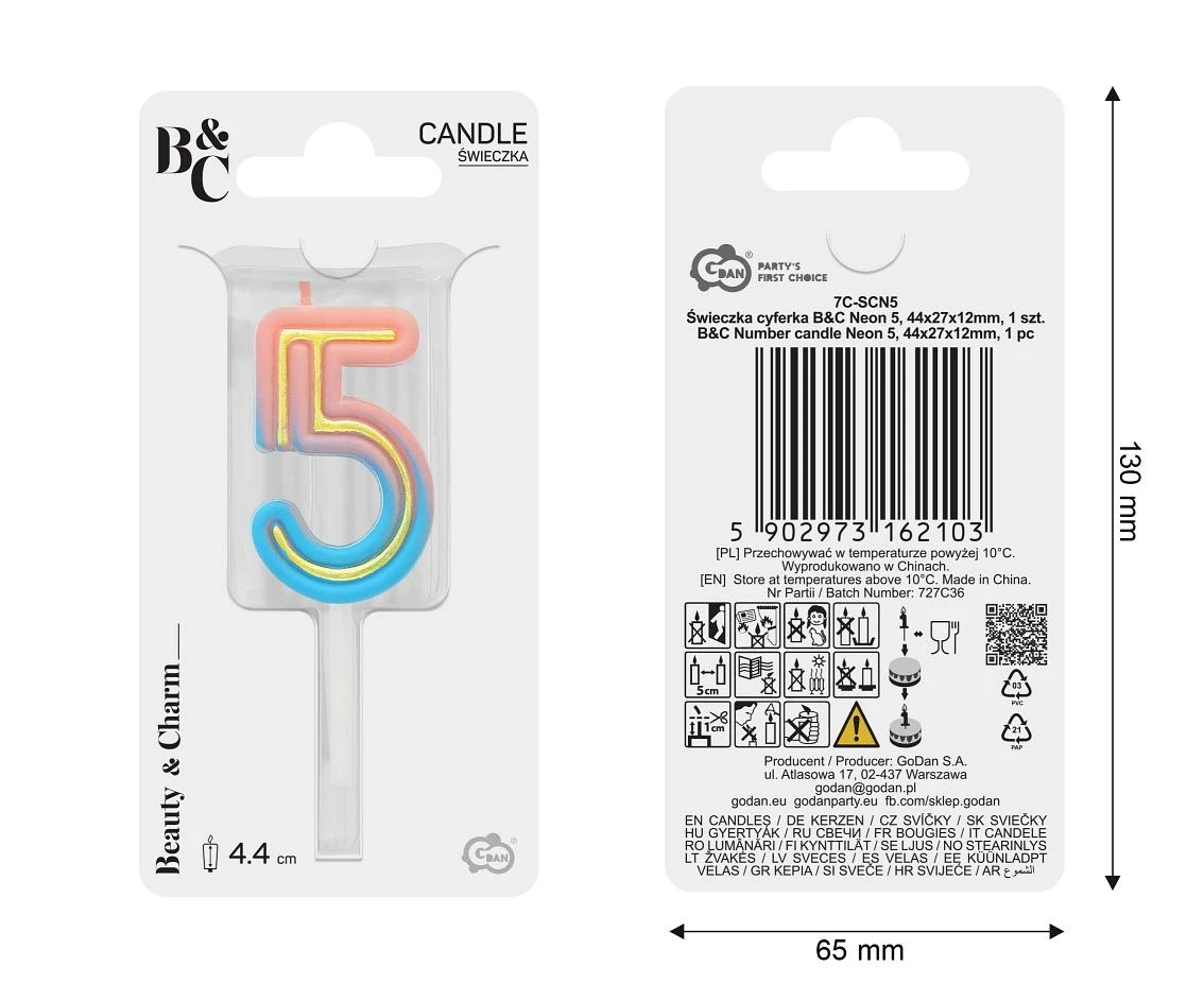 Świeczka cyferka B&C Neon 5, dł. całkowita 8 cm
