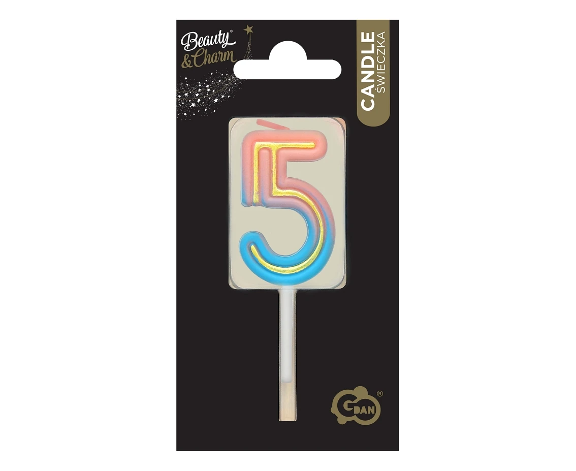 Świeczka cyferka B&C Neon 5, dł. całkowita 8 cm