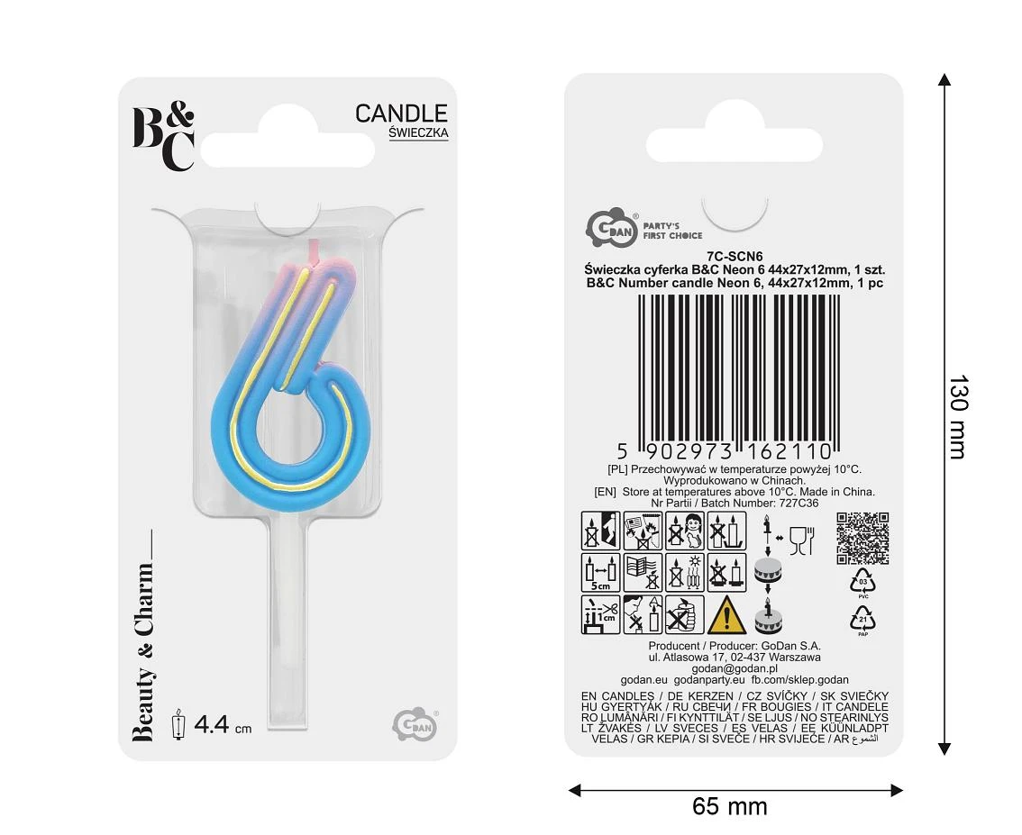 Świeczka cyferka B&C Neon 6, dł. całkowita 8 cm