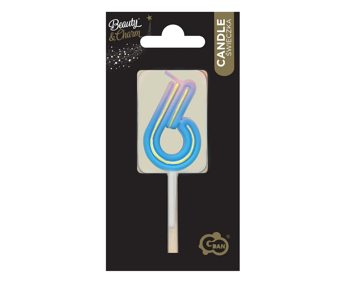 Świeczka cyferka B&C Neon 6, dł. całkowita 8 cm