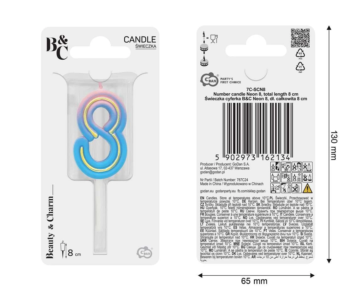 Świeczka cyferka B&C Neon 8, dł. całkowita 8 cm