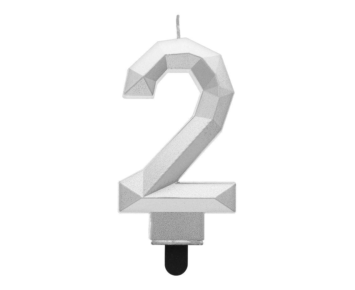 Świeczka cyferka 2 - Diament, metalik srebrny, 7.6 cm