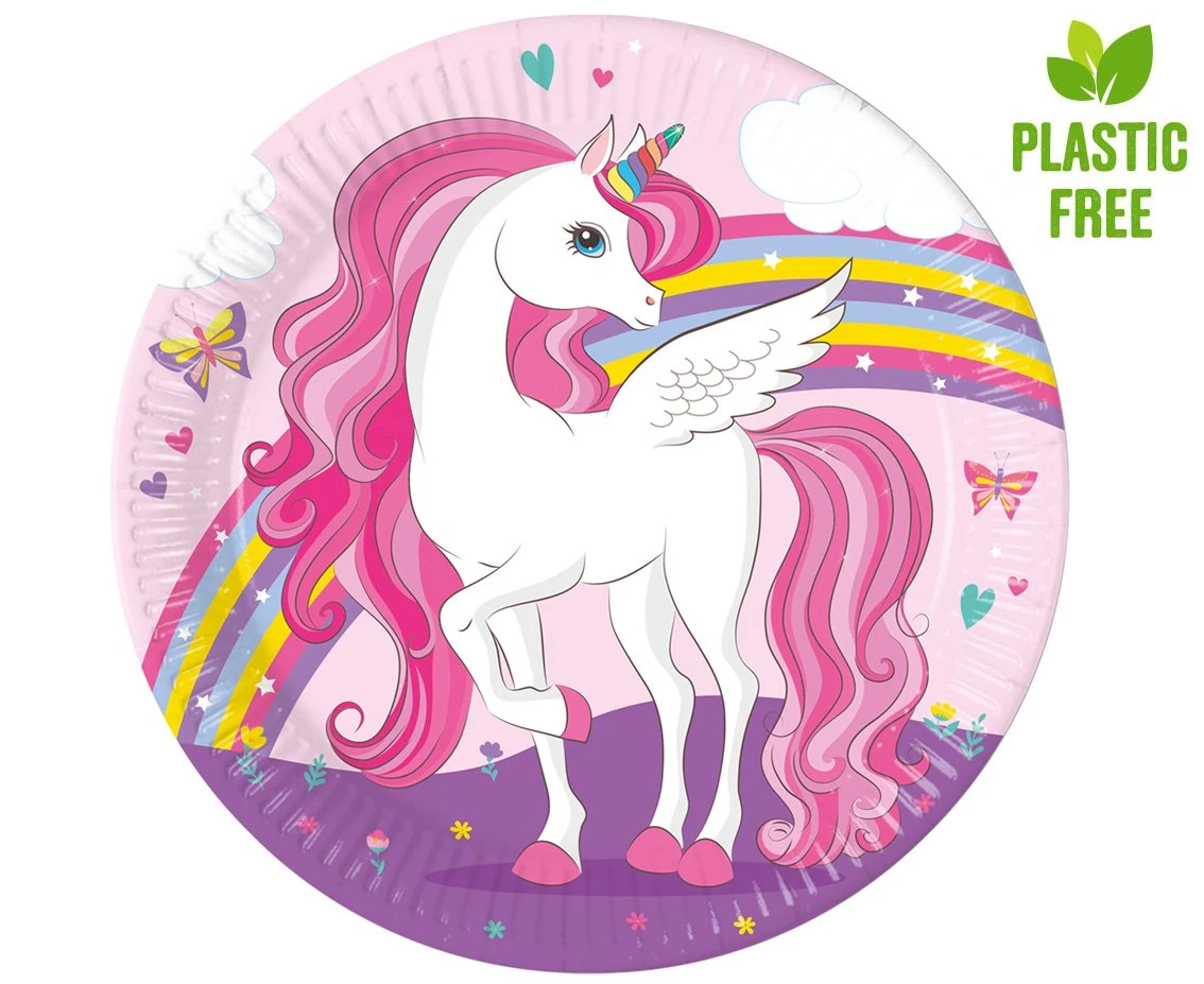 Talerzyki papierowe Unicorn Rainbow Colors, next generation, 23cm, 8 szt. (plastic-free) (papier FSC)