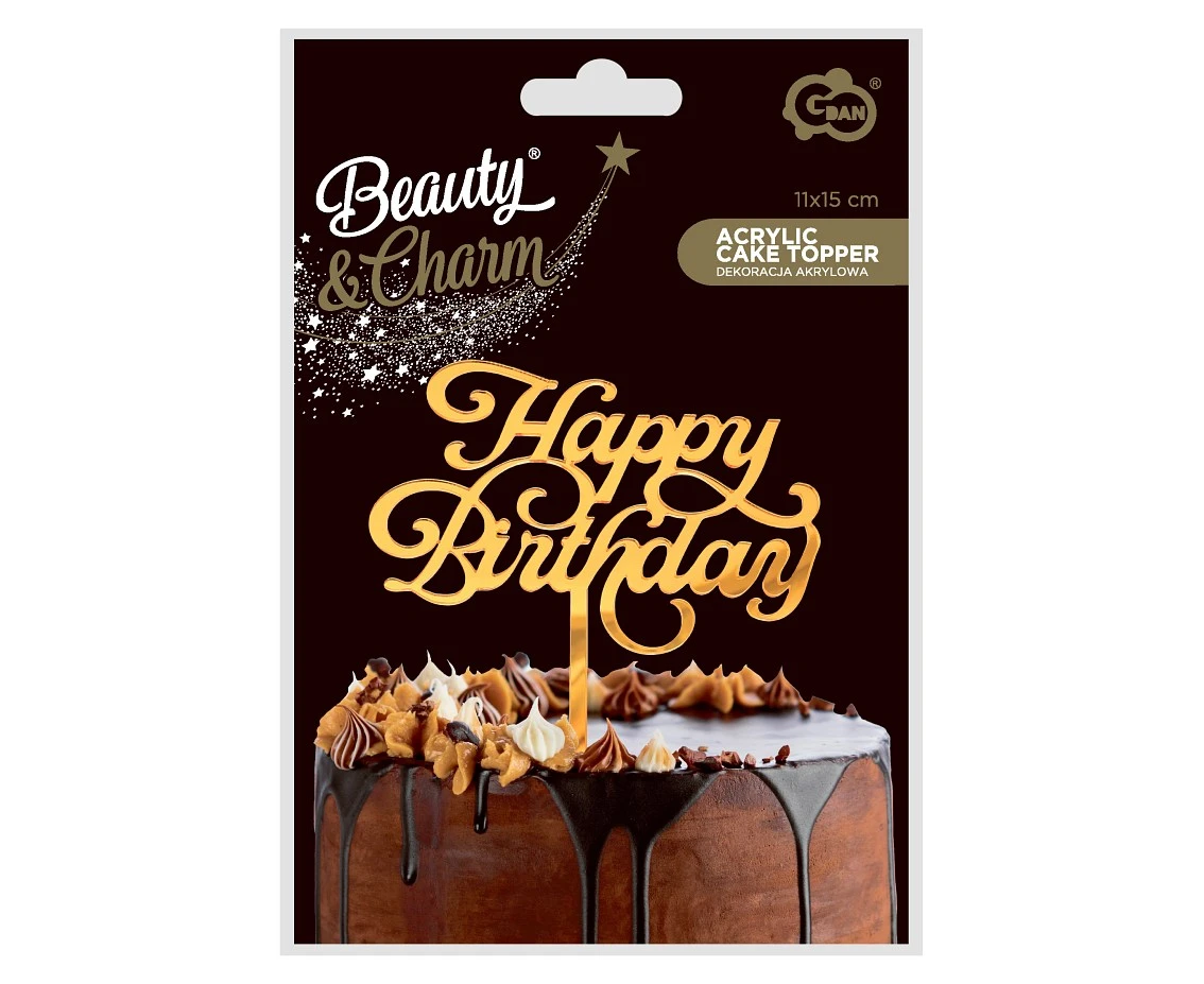 Dekoracja akrylowa B&C na tort Happy Birthday, złota, 11x15 cm