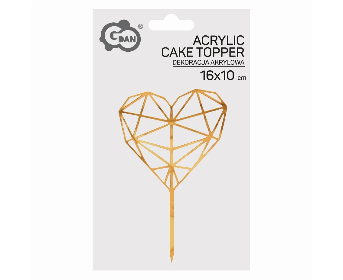 Dekoracja akrylowa na tort Diamond Heart, złota, 16x10 cm