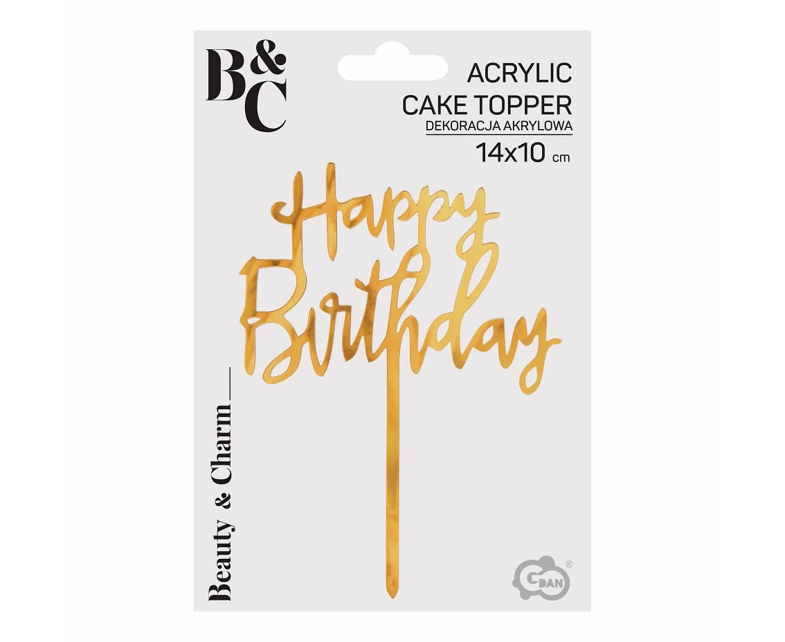 Dekoracja akrylowa B&C na tort Happy Birthday, złota, 14x10 cm