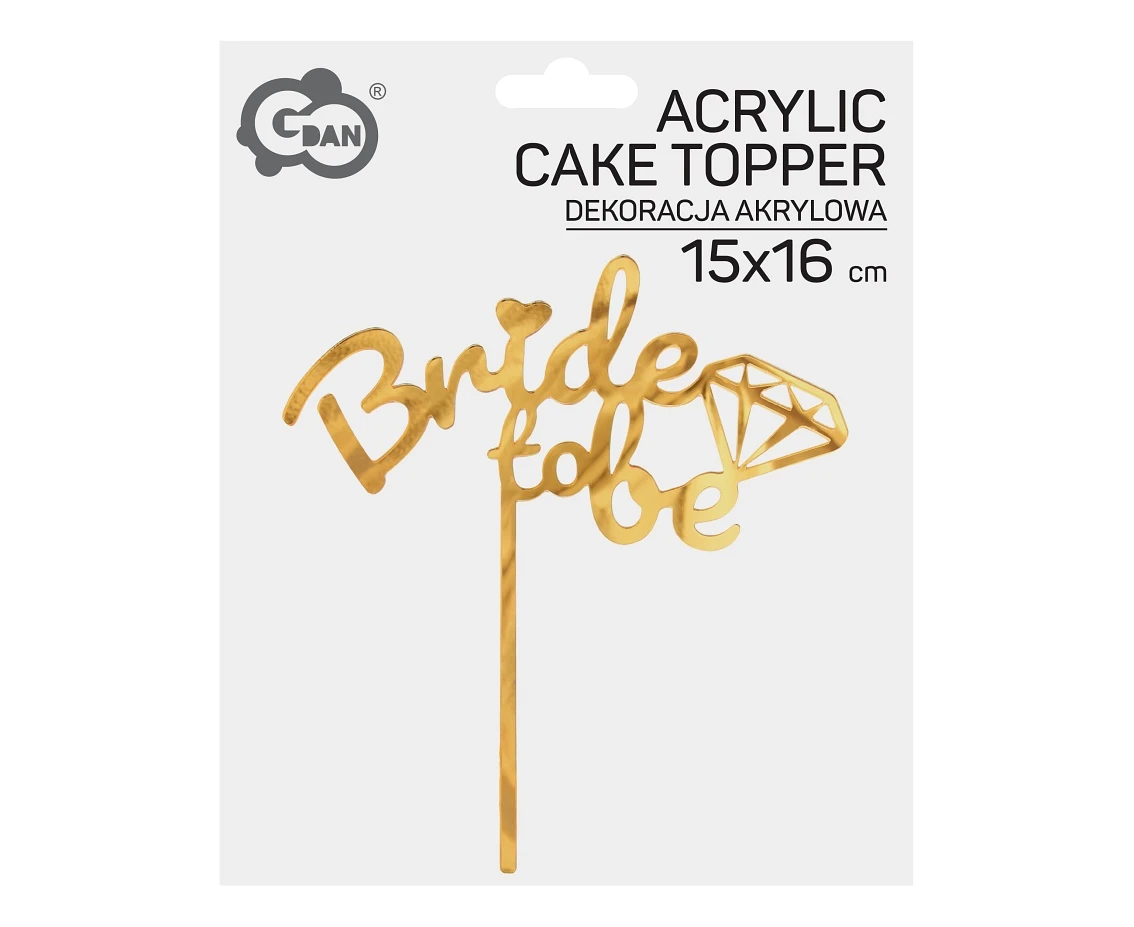 Dekoracja akrylowa na tort Bride to be, złota, 15x16 cm