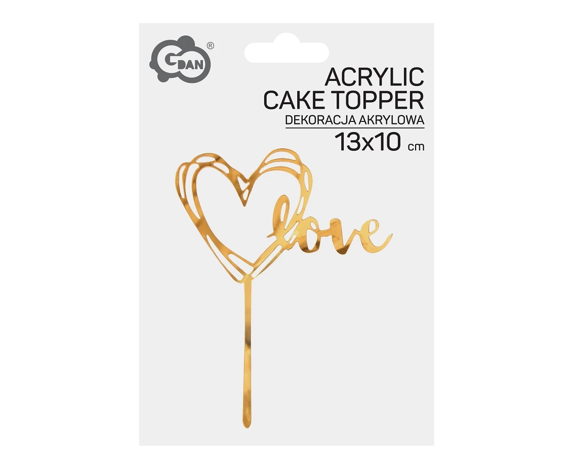 Dekoracja akrylowa na tort Love, złota, 13x10 cm