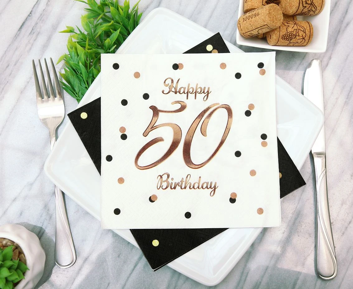 Serwetki B&C Happy 50 Birthday, białe, nadruk różowo-złoty, certyfikat FSC, 33x33 cm/ 20 szt.