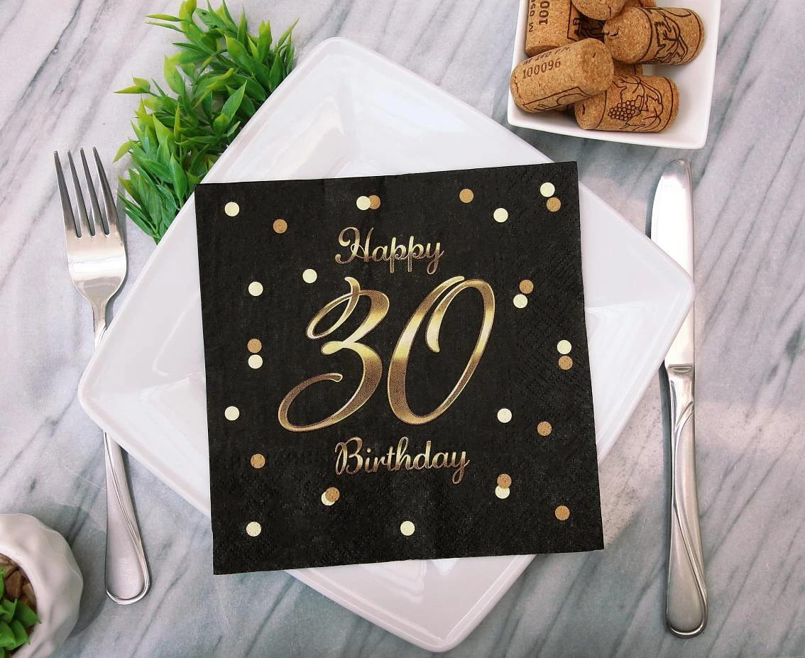 Serwetki B&C Happy 30 Birthday, czarne, nadruk złoty, certyfikat FSC, 33x33 cm/ 20 szt.
