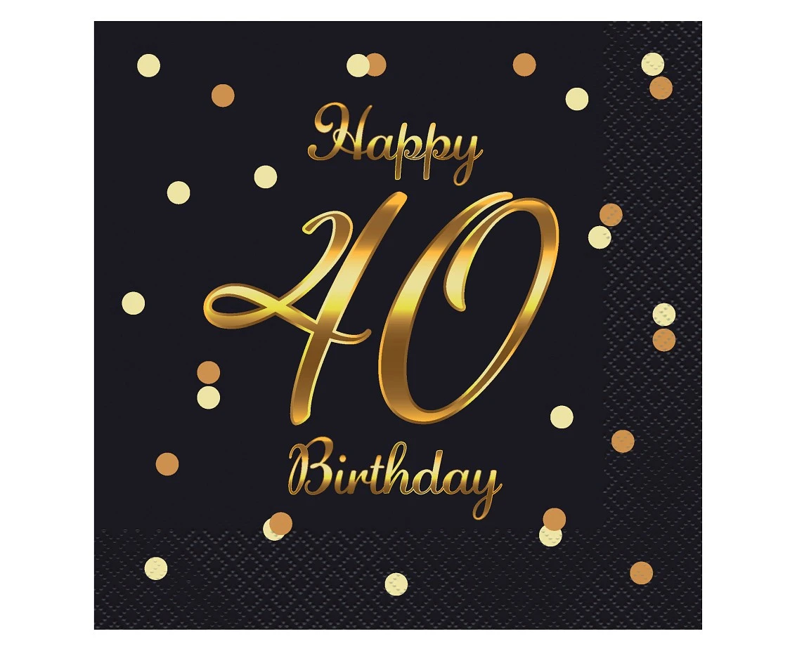 Serwetki B&C Happy 40 Birthday, czarne, nadruk złoty, certyfikat FSC, 33x33 cm/ 20 szt.