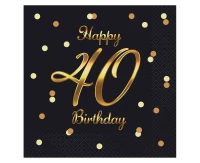 Serwetki B&C Happy 40 Birthday, czarne, nadruk złoty, certyfikat FSC, 33x33 cm/ 20 szt.
