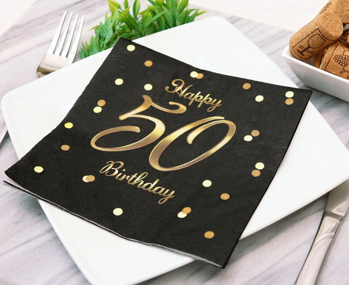 Serwetki B&C Happy 50 Birthday, czarne, nadruk złoty, certyfikat FSC, 33x33 cm/ 20 szt.