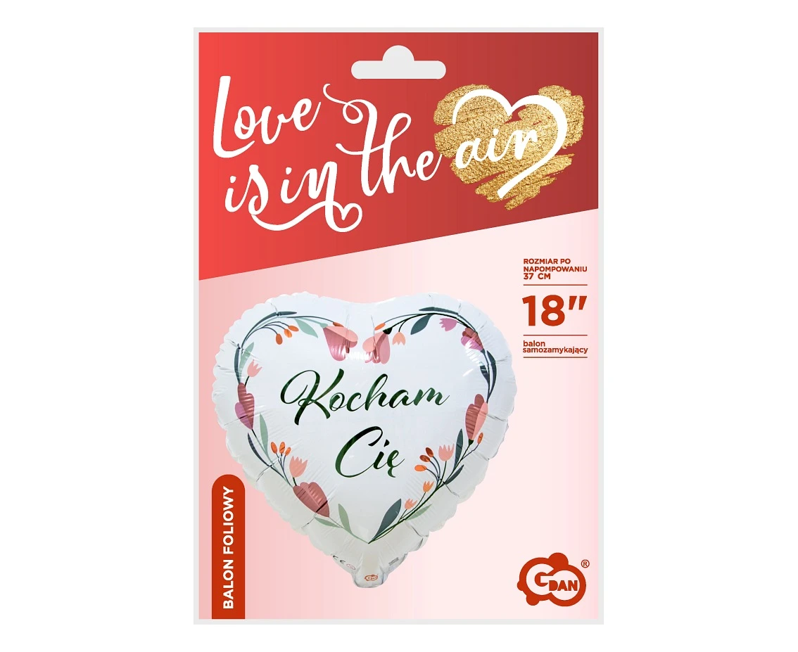 Balon foliowy Kocham Cię (białe serce), 18 cali KK